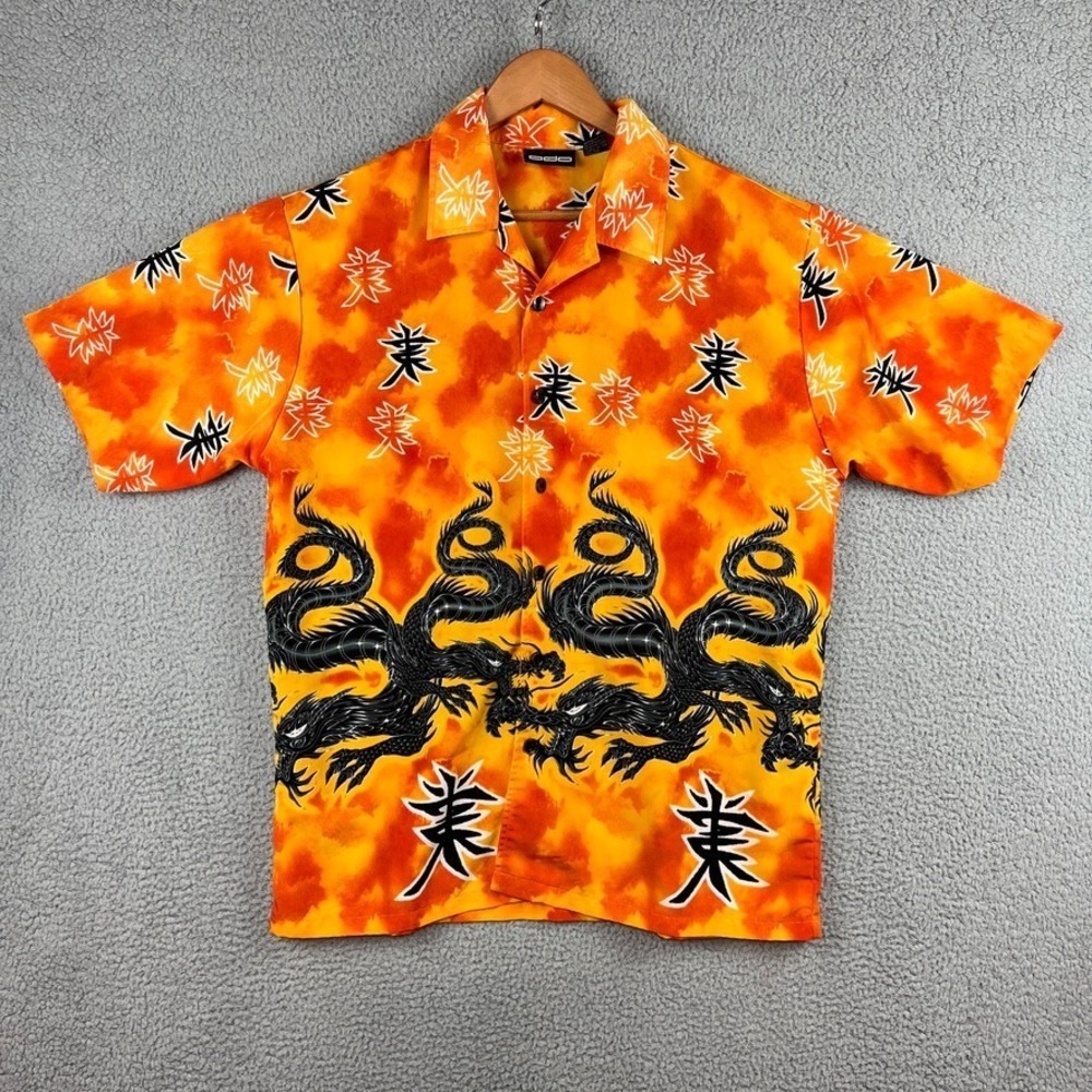 VINTAGE ODO Shirt Mens Medium‎ Orange Yellow Dragon Short Sleeve 90s Y2K Rave
